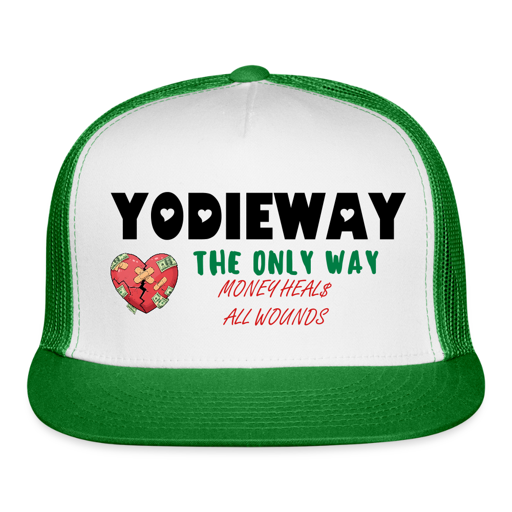 MONEY HEALS ALL WOUNDS TRUCKER HAT - white/kelly green
