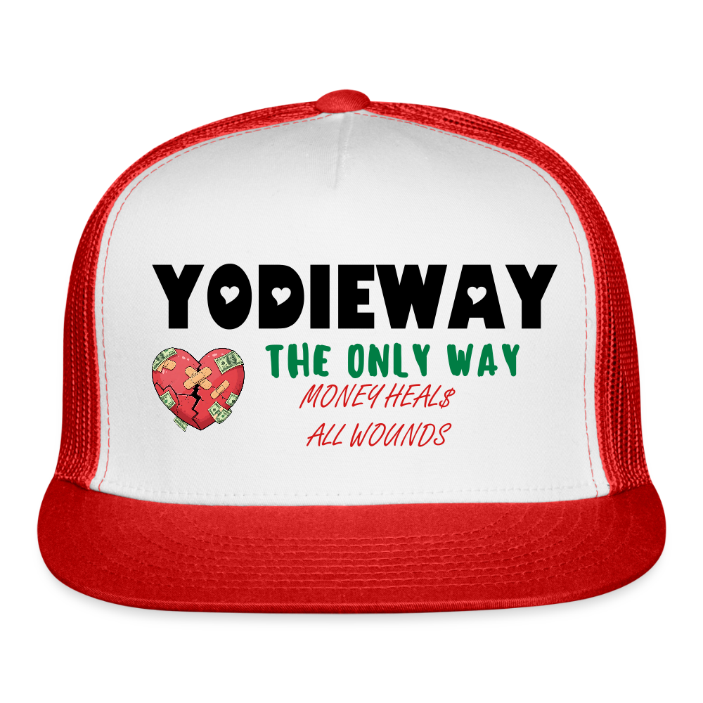 MONEY HEALS ALL WOUNDS TRUCKER HAT - white/red